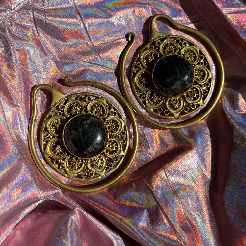 Oracle Body Jewelry Brass Ear Weights Labradorite Inlay - Picture 8 of 11
